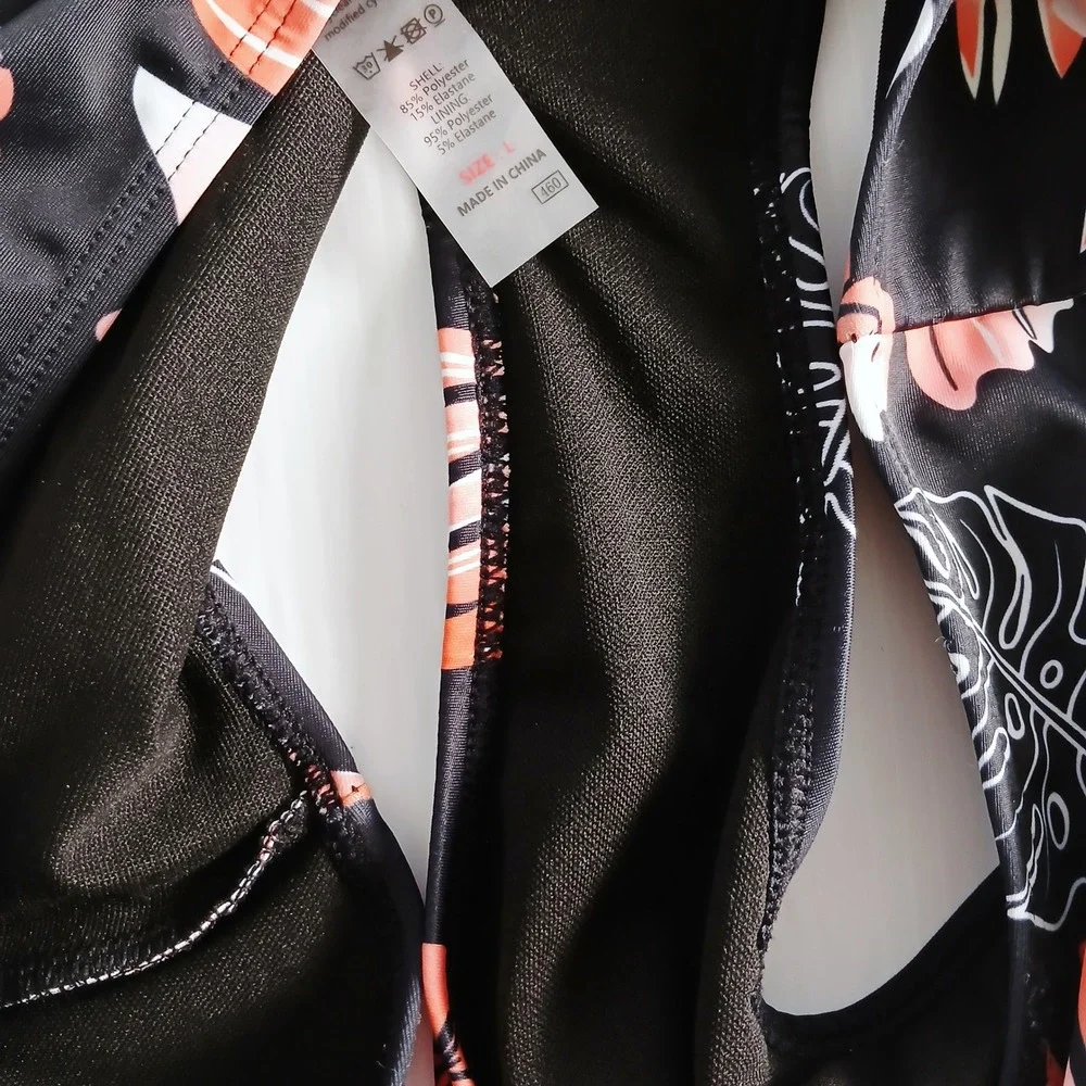 Women Black Tropical‎ Floral High Neck High Waisted Bikini Set Size L